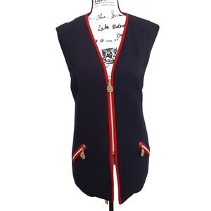 Vintage 90s Linda Allard Ellen Tracy 100% Wool Navy Vest Zip Front Nautical 16